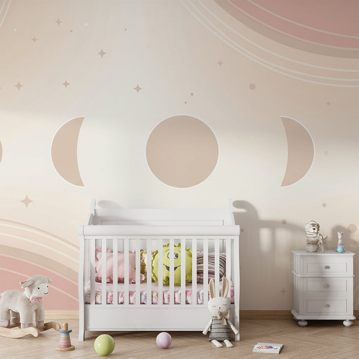 Papier peint chambre bébé | Phases de lune et étoiles dans des tons doux