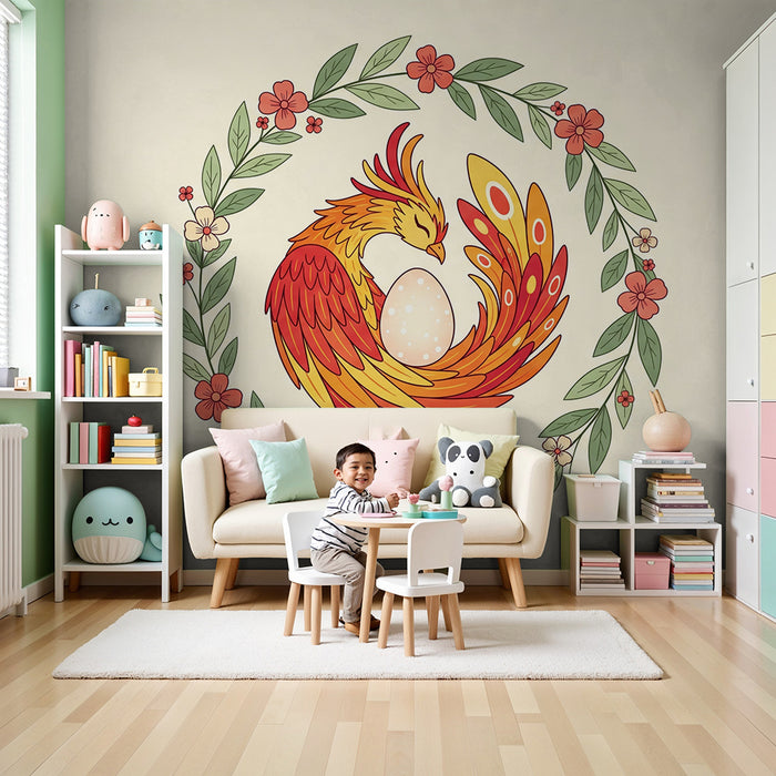 Babyzimmer Tapete | Bunter Phoenix umgeben von Blumen und Laubwerk