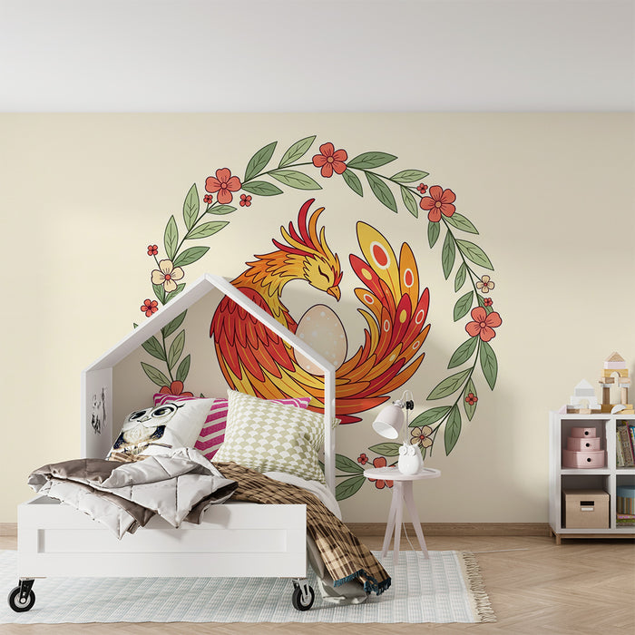 Babyzimmer Tapete | Bunter Phoenix umgeben von Blumen und Laubwerk