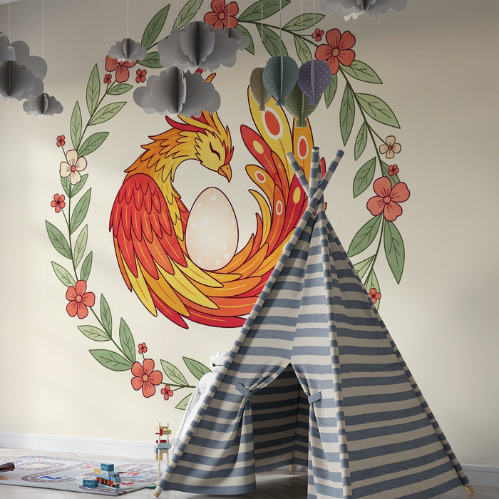 Babyzimmer Tapete | Bunter Phoenix umgeben von Blumen und Laubwerk