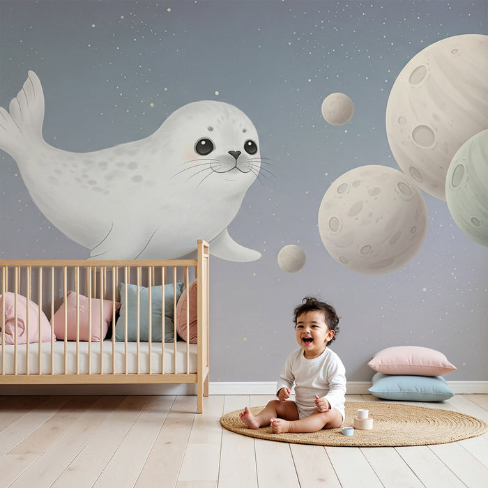 Papier peint chambre bébé | Phoque astronaute dans l'espace
