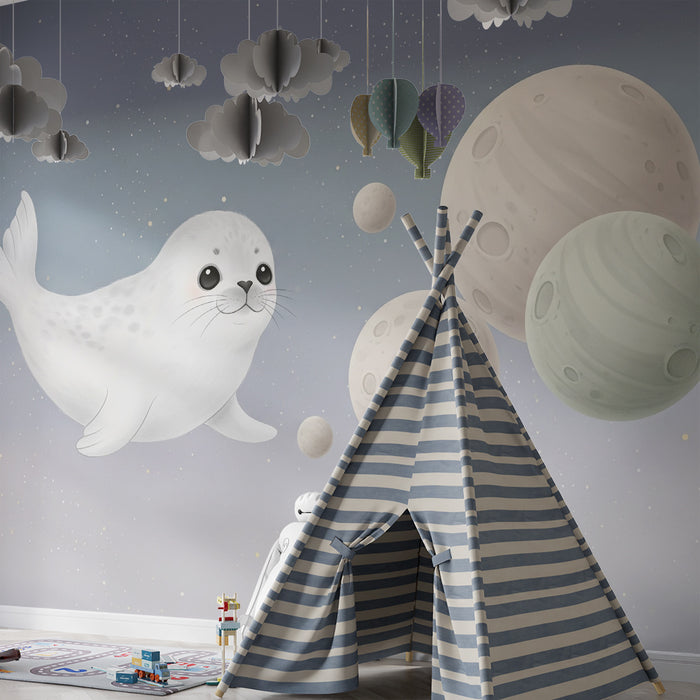 Papier peint chambre bébé | Phoque astronaute dans l'espace