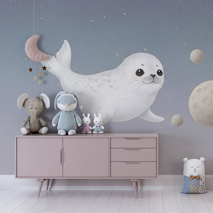 Papier peint chambre bébé | Phoque astronaute dans l'espace