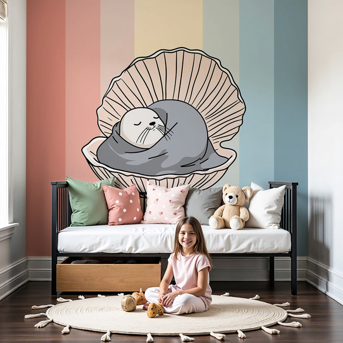 Papel de parede quarto bebê | Foca adormecida numa concha com cores suaves