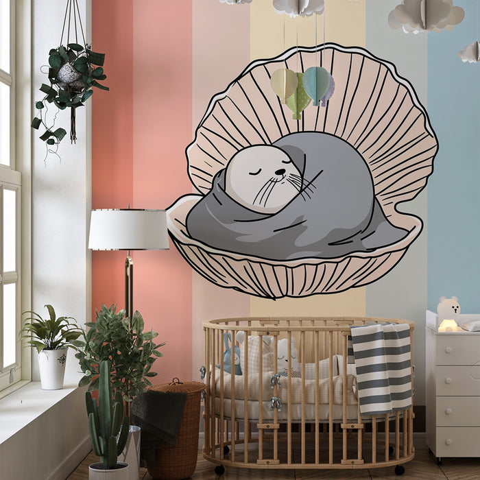 Papel de parede quarto bebê | Foca adormecida numa concha com cores suaves