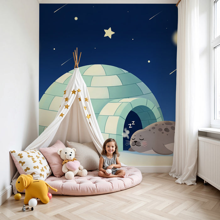 Baby room wallpaper | Sleeping seal in front of an igloo under a starry sky