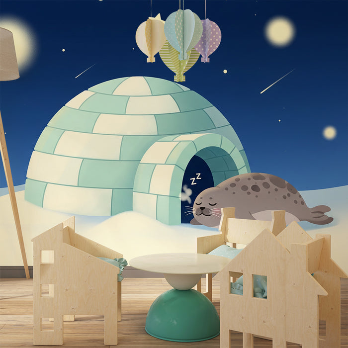 Baby room wallpaper | Sleeping seal in front of an igloo under a starry sky