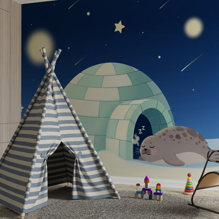 Baby room wallpaper | Sleeping seal in front of an igloo under a starry sky