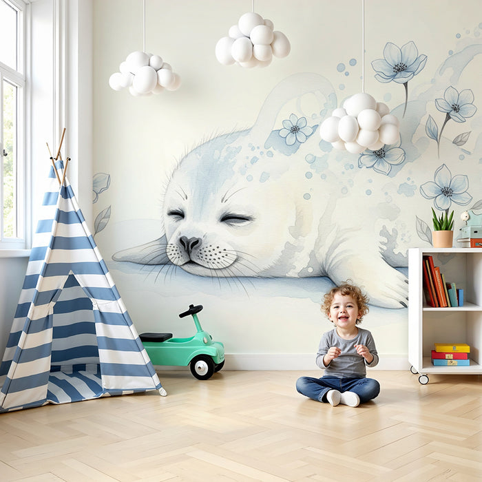 Papier peint chambre bébé | Phoque endormi entouré de fleurs délicates