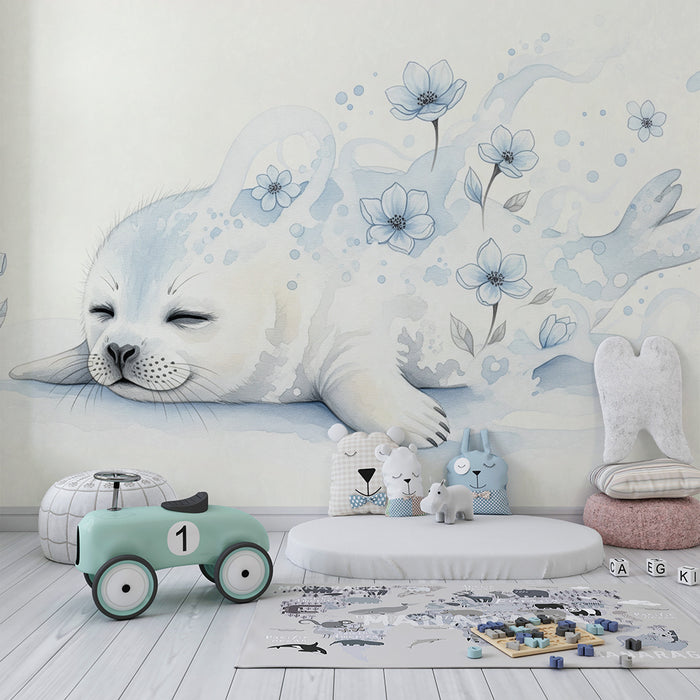 Papier peint chambre bébé | Phoque endormi entouré de fleurs délicates