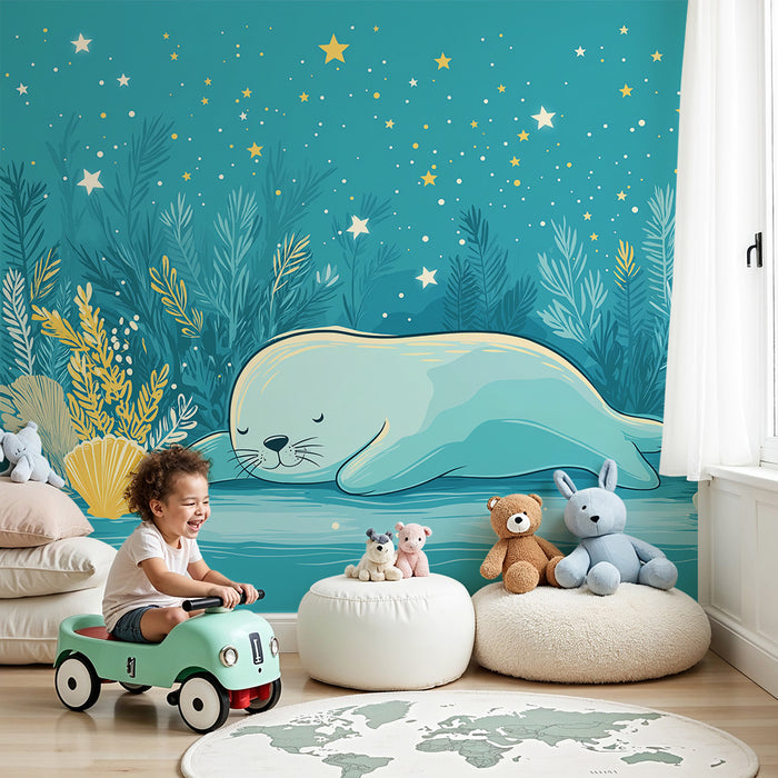 Χαρτί τοίχου για το δωμάτιο του μωρού | Φώκια που κοιμάται κάτω από ένα αστερωμένο ουρανό και θαλάσσια βλάστηση