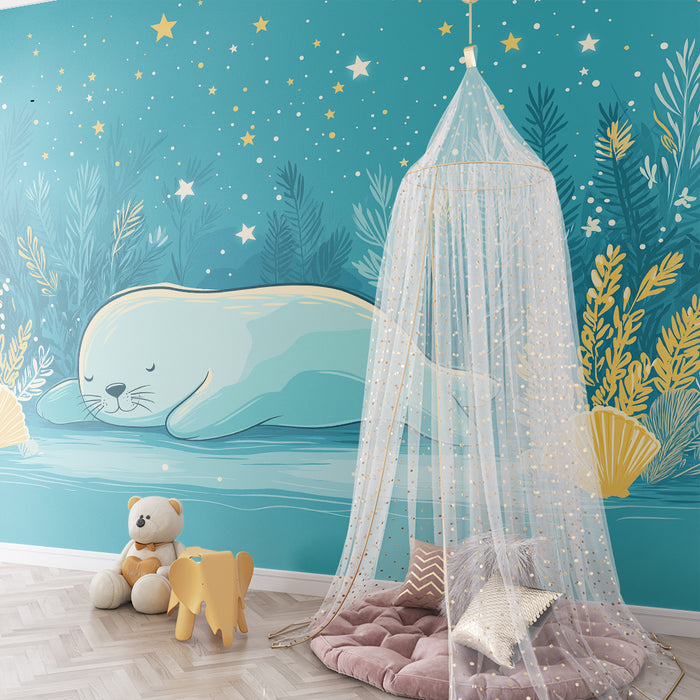 Χαρτί τοίχου για το δωμάτιο του μωρού | Φώκια που κοιμάται κάτω από ένα αστερωμένο ουρανό και θαλάσσια βλάστηση
