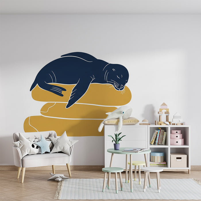 Børneværelse tapet | Søvnig sæl på gyldne puder