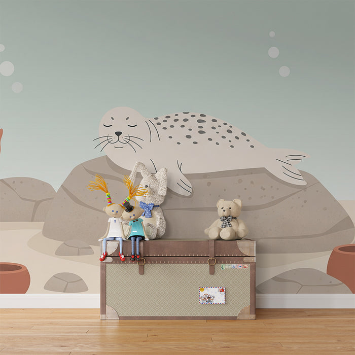 Nursery room wallpaper | Sleeping seal on a rock in the deep sea
