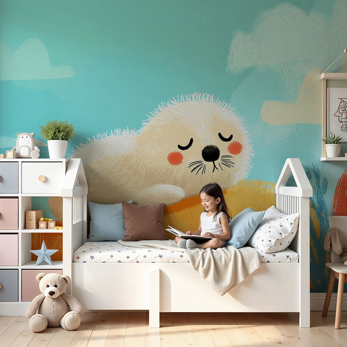 Børneværelse tapet | Søvnig sæl på en farverig klippe ved vandkanten