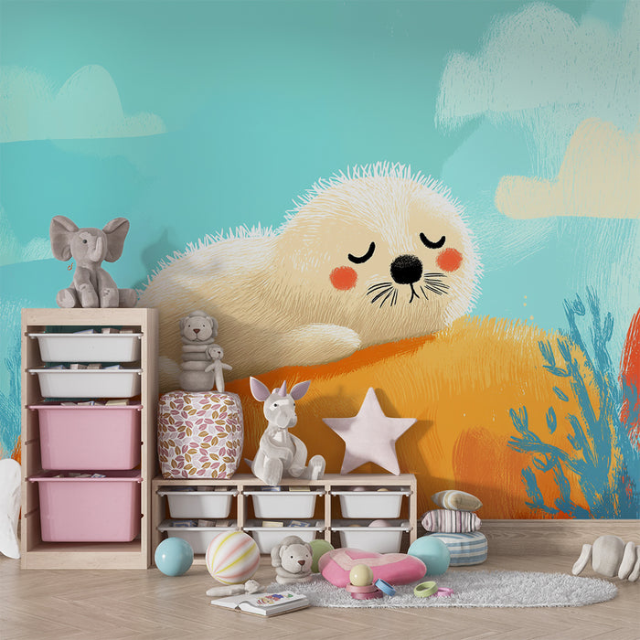 Børneværelse tapet | Søvnig sæl på en farverig klippe ved vandkanten
