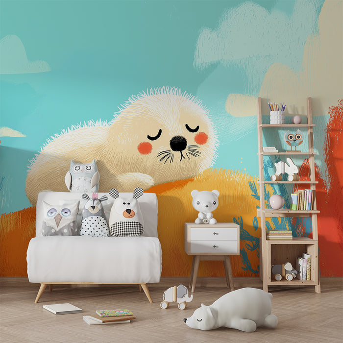 Børneværelse tapet | Søvnig sæl på en farverig klippe ved vandkanten