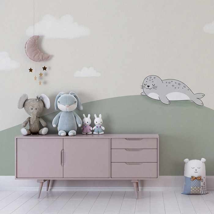 Papier peint chambre bébé | Phoque endormi sur une colline douce