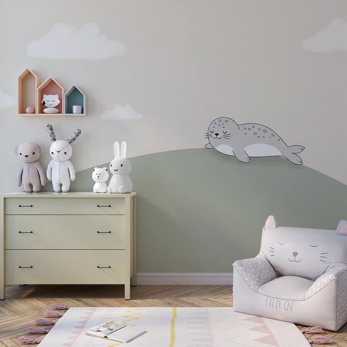 Papier peint chambre bébé | Phoque endormi sur une colline douce