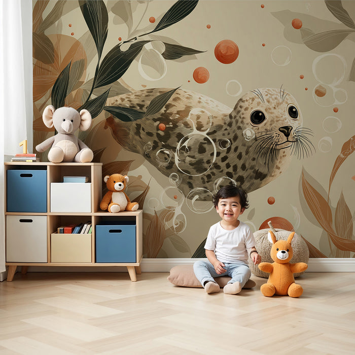 Papel de parede para quarto de bebé | Foca brincalhona e peixes coloridos num mundo aquático