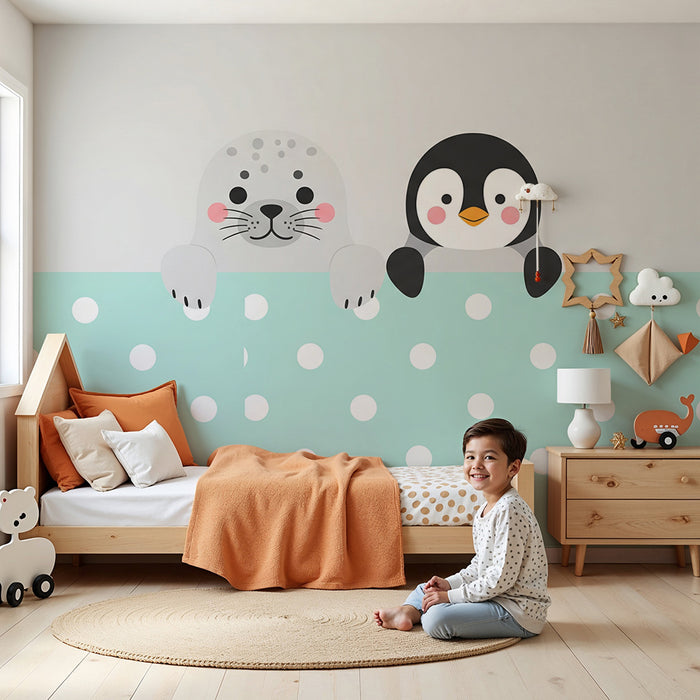 Papel de parede quarto bebê | Foca e pinguim fofinhos em fundo de bolinhas