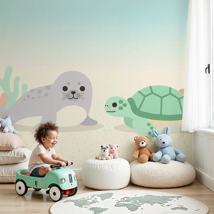 Papel de parede quarto bebê | Foca e tartaruga num suave cenário marinho