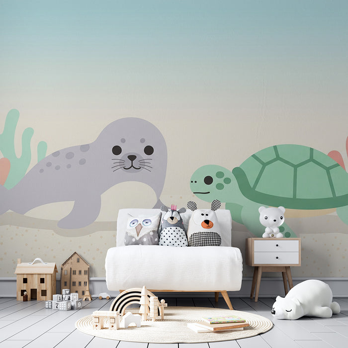 Papel de parede quarto bebê | Foca e tartaruga num suave cenário marinho