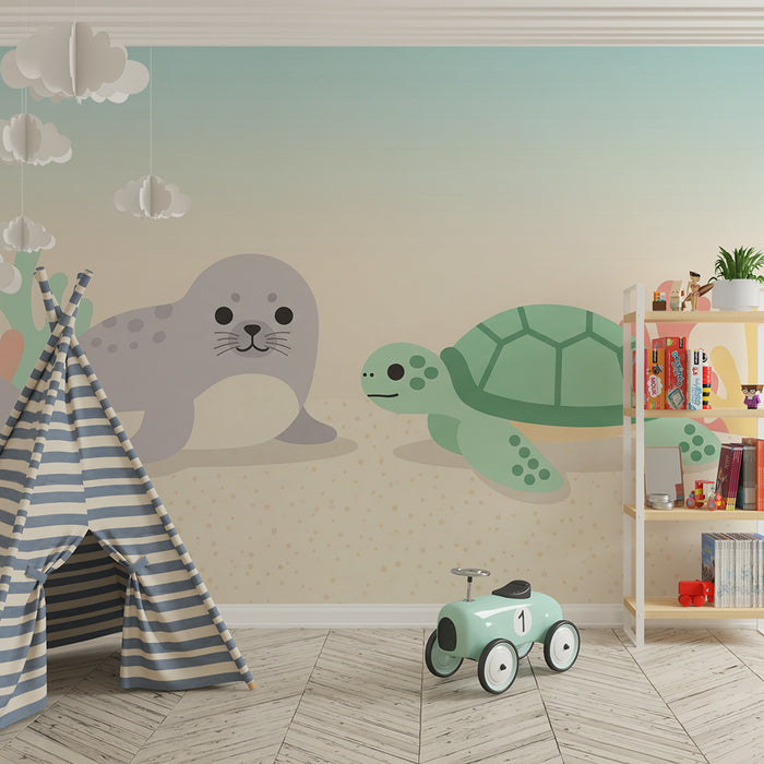 Papel de parede quarto bebê | Foca e tartaruga num suave cenário marinho