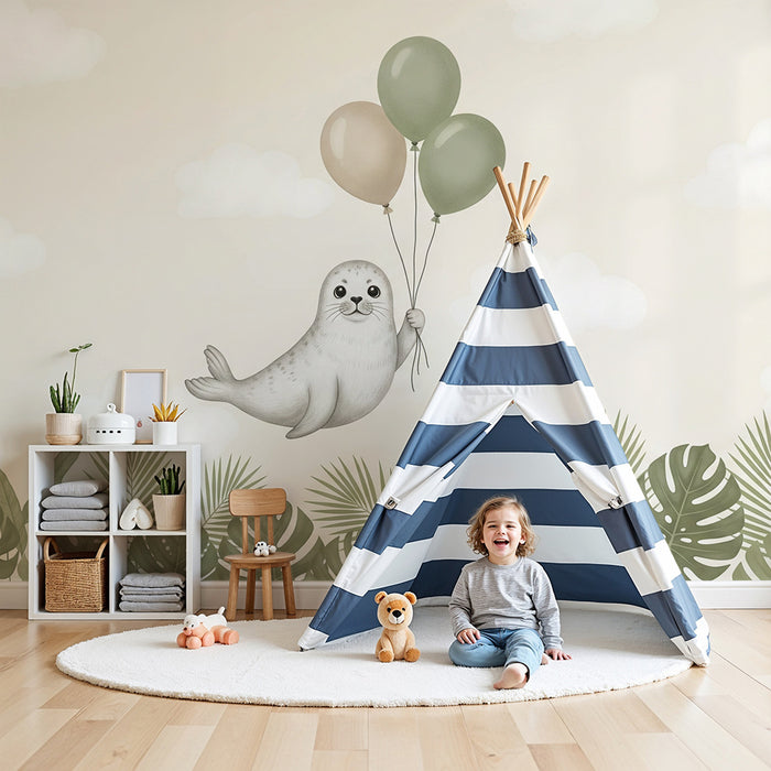 Papel de parede quarto bebê | Foca feliz com balões