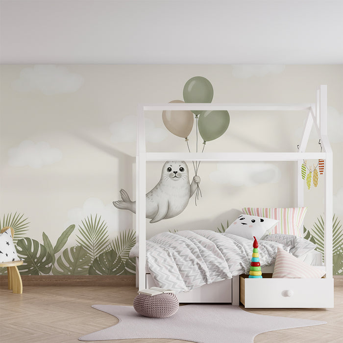 Papel de parede quarto bebê | Foca feliz com balões