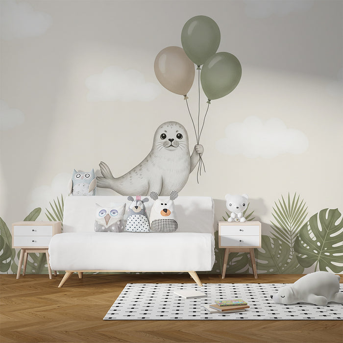 Papel de parede quarto bebê | Foca feliz com balões