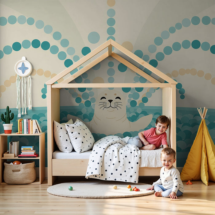 Babykamer behang | Vrolijke zeehond in een oceaan van kleurrijke bubbels