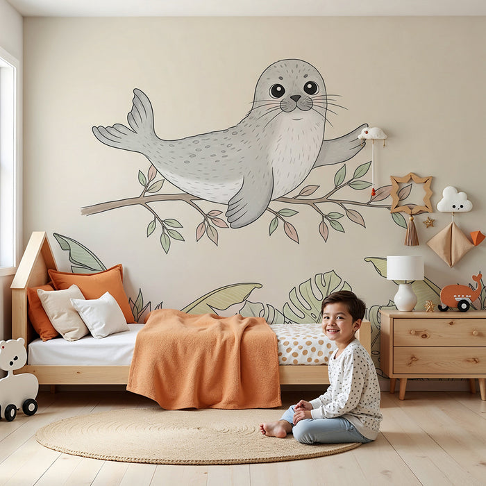 Papier de parede pre detskú izbu | Šťastný tulen a tropické listy