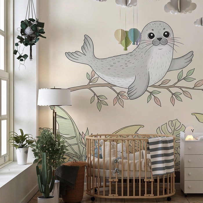 Papier de parede pre detskú izbu | Šťastný tulen a tropické listy