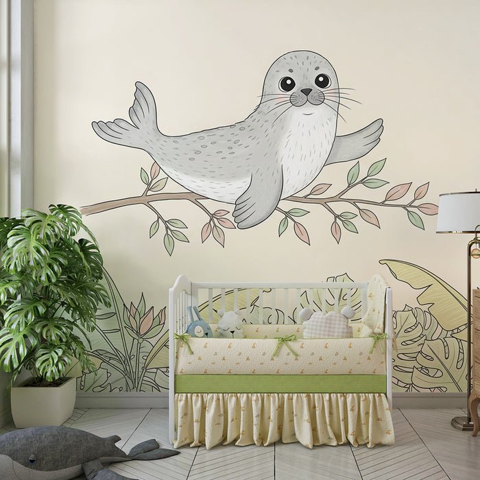 Papier de parede pre detskú izbu | Šťastný tulen a tropické listy