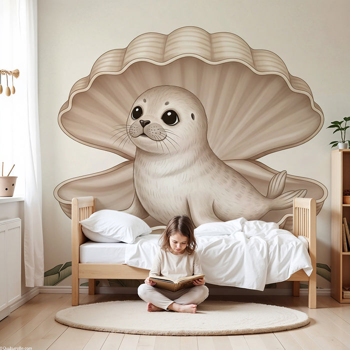 Babyzimmer Tapete | Niedlicher Seehund in einer Muschel