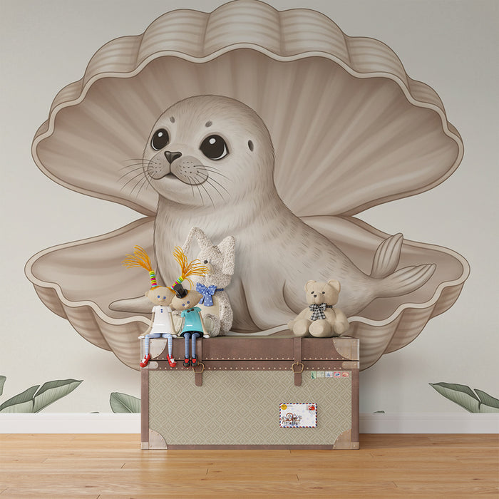 Babyzimmer Tapete | Niedlicher Seehund in einer Muschel