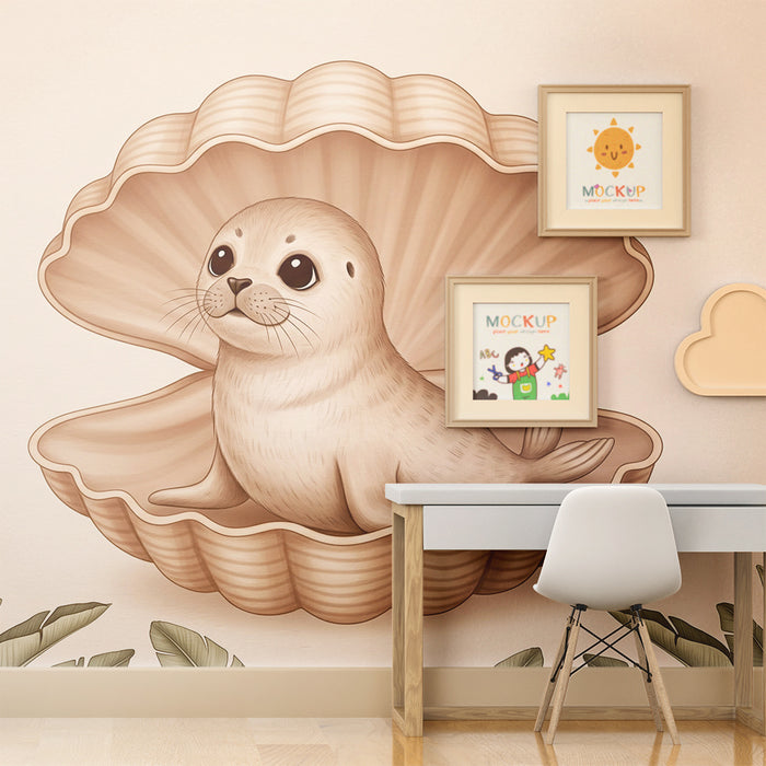 Babyzimmer Tapete | Niedlicher Seehund in einer Muschel
