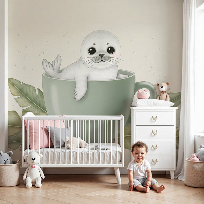 Babykamer behang | Schattige zeehond in een kopje