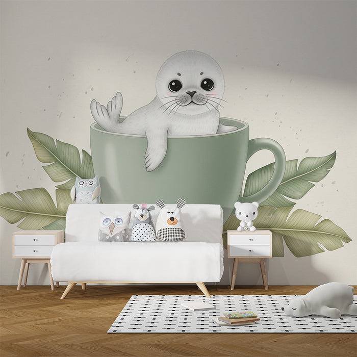 Babykamer behang | Schattige zeehond in een kopje
