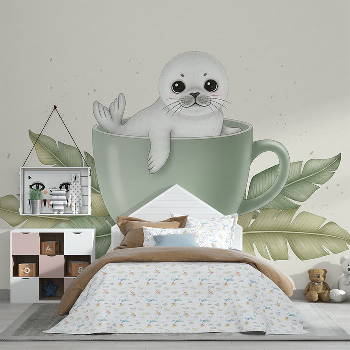 Babykamer behang | Schattige zeehond in een kopje