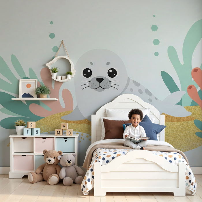 Papel de parede quarto bebê | Foca fofa rodeada por corais e plantas marinhas