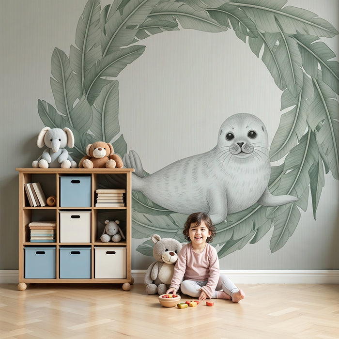 Papel pintado infantil | Foca linda rodeada de hojas