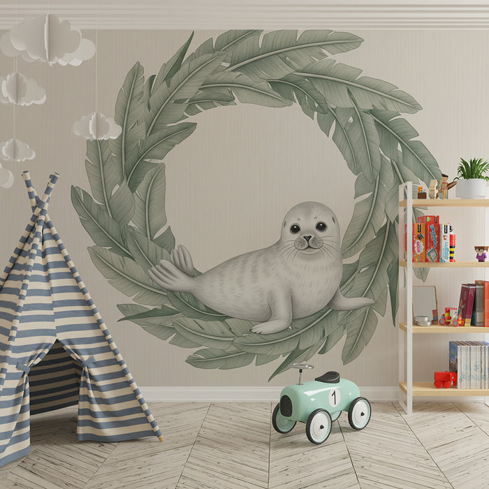 Papel pintado infantil | Foca linda rodeada de hojas