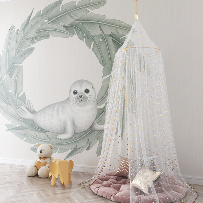 Papel pintado infantil | Foca linda rodeada de hojas