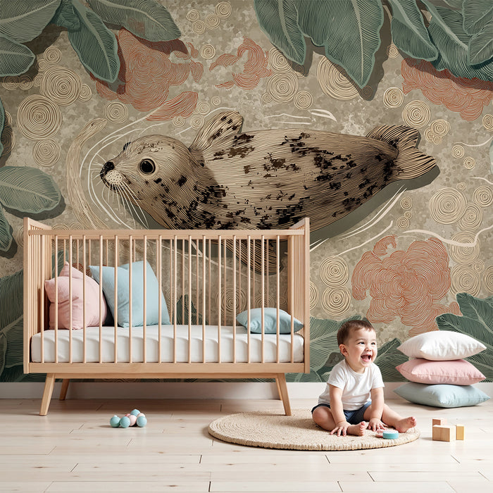 Paberi tapeet beebi tuba | Armsad hüljeste ümbritsetud lehtede ja lilledega