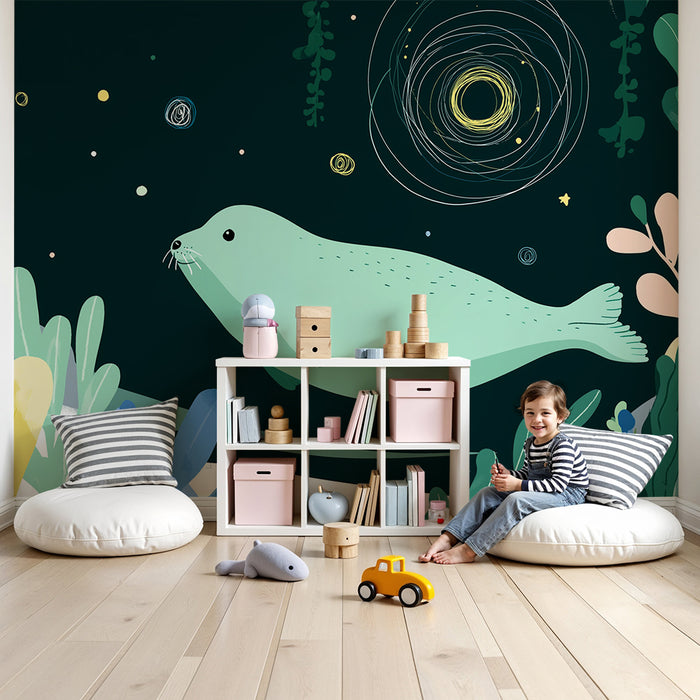 Børneværelse tapet | Søde sæl svømmer blandt havplanter