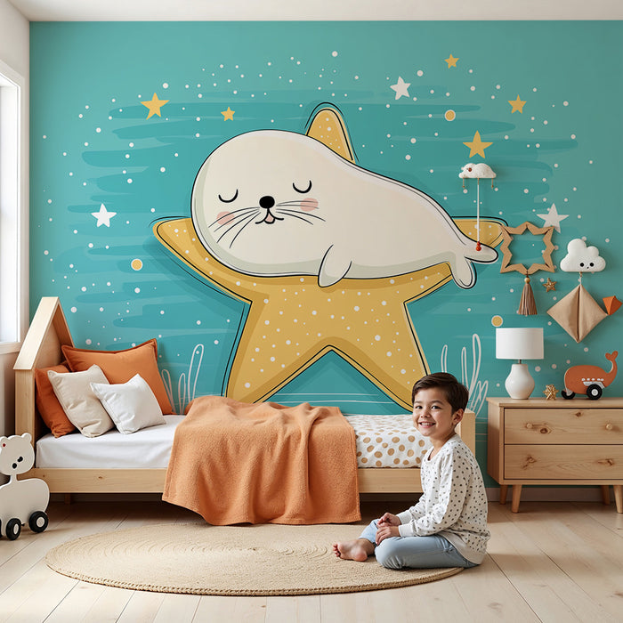 Nursery Wallpaper | Cute Seal Resting on a Golden Star