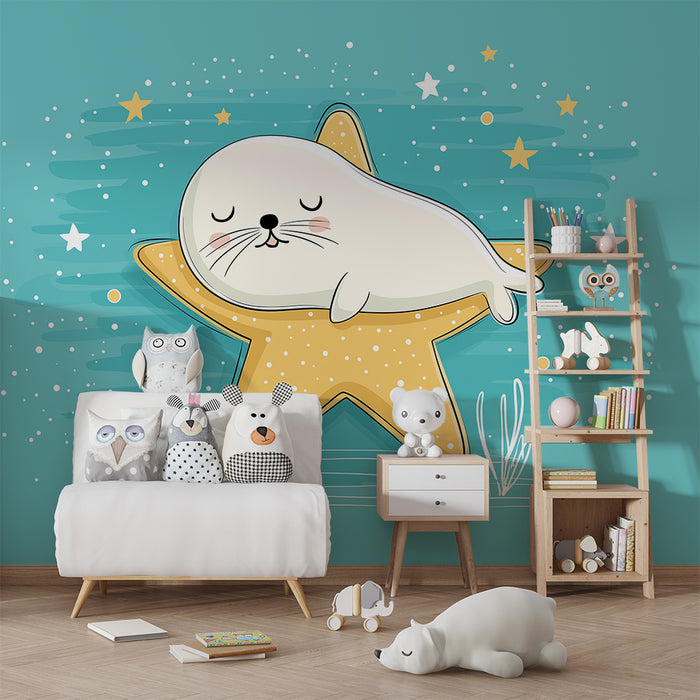 Nursery Wallpaper | Cute Seal Resting on a Golden Star