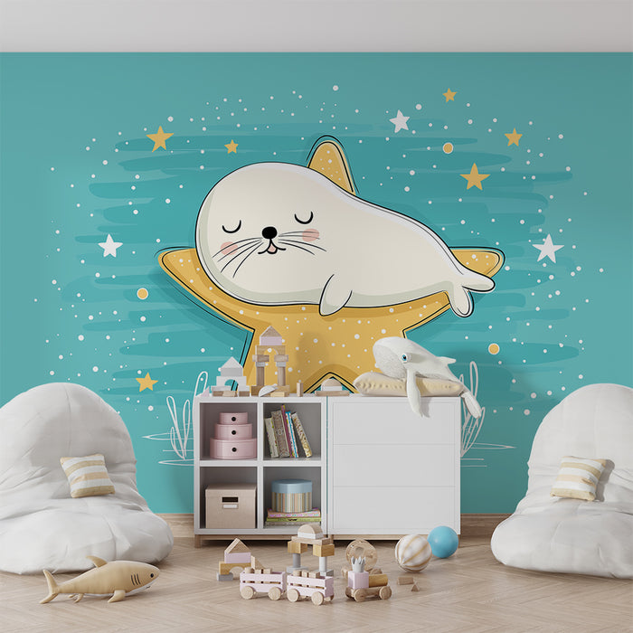Nursery Wallpaper | Cute Seal Resting on a Golden Star
